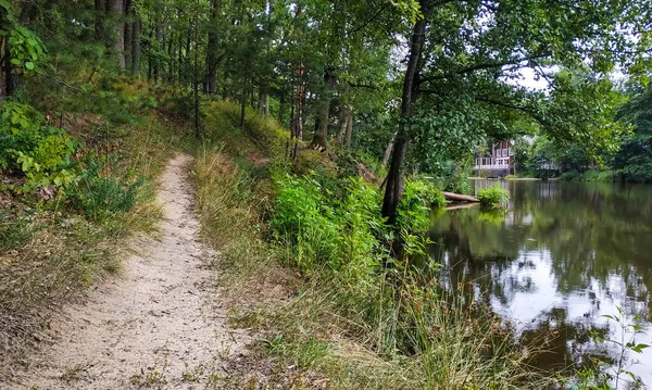 Étroit Sentier Forestier Sur Rive Lac Avec Chalet Confortable Autre — Photo