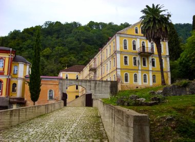 Parke yosunlu yol ve güneydeki bir kasabada eski bir çatı katının girişinde bir gezinti düzenleyebileceğiniz eski bir kapı.