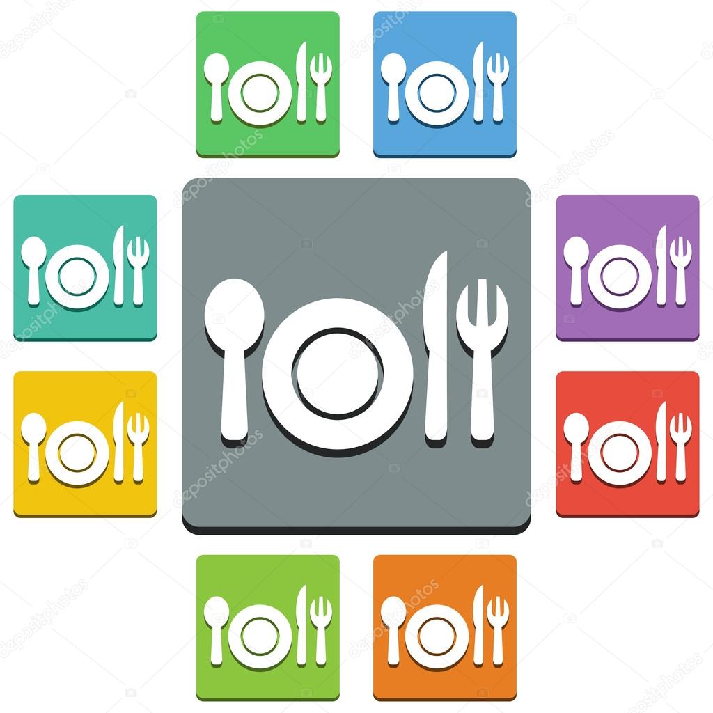 Vector Plate and cutlery icons - 'almost flat' style - 9 colors