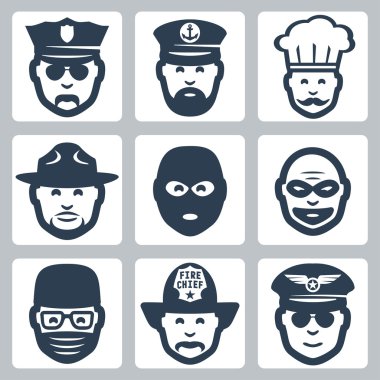 vektör meslek simgeler kümesi: polis memuru, Kaptan, aşçı, ranger, Anti-terör, soyguncu, cerrah, itfaiyeci, pilot