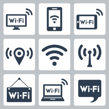 vektör wifi simgeler kümesi: pc, akıllı telefon, tablet pc, işaretçi, sıcak nokta, tabela, laptop, konuşma balonu