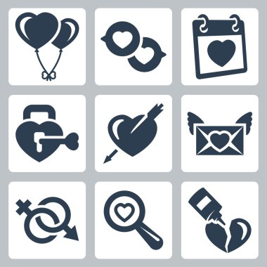 vektör izole love Icons set: baloons, konuşma balonları, Sevgililer günü, kilit, kalp ve ok, aşk mektubu, cinsiyet simgesi, arama, kırık kalp