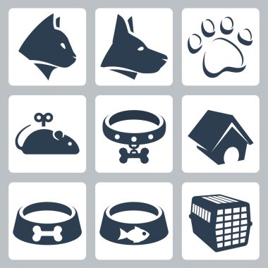 vektör pet Icons set: kedi, köpek, pawprint, fare, yaka, köpek, kaseler, kafes