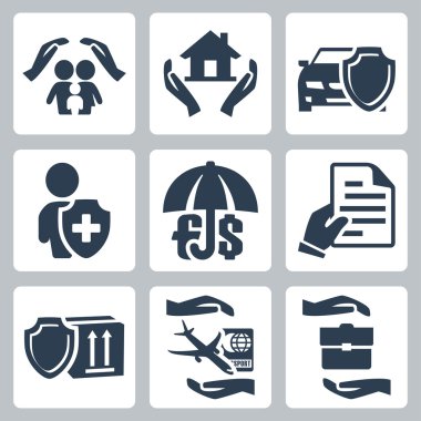vektör sigorta Icons set: Aile sigortası, ev sigortası, otomobil sigortası, hayat sigortası, mevduat sigortası, sigorta poliçesi, sigorta malların, seyahat sigortası, iş riski sigorta