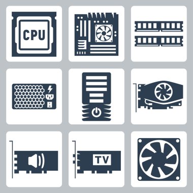 vektör simgeler kümesi donanım: cpu, anakart, ram, güç ünitesi, bilgisayar Kasası, ekran kartı, ses kartı, tv tuner, soğutucu