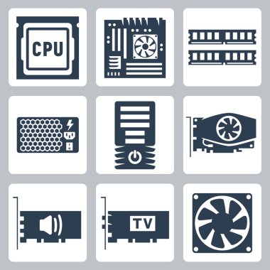 Vector hardware icons set: CPU, motherboard, RAM, power unit, computer case, video card, sound card, TV-tuner, cooler