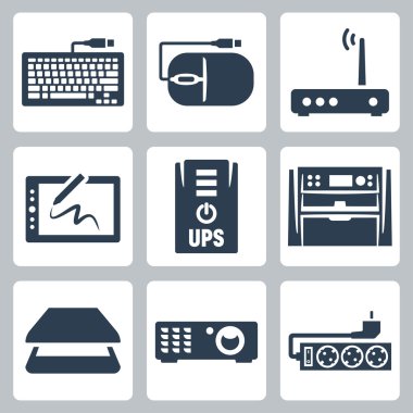 vektör donanım simgeler kümesi: klavye, bilgisayar fare, modem, grafik tablet, ups, çok işlevli cihaz, tarayıcı, projektör, büyük dalga filtresi