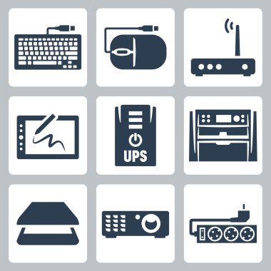 Vector hardware icons set: keyboard, computer mouse, modem, graphics tablet, UPS, multifunction device, scanner, projector, surge filter