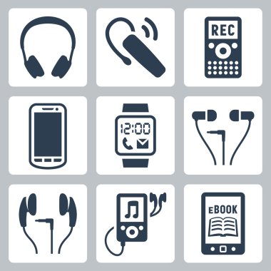 Vector gadgets icons set: headphones, wireless headset, dictaphone, smartphone, smart watch, MP3 player, ebook reader clipart