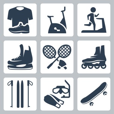 vektör ürünler simgeler kümesi spor: spor giyim, sabit bisiklet, koşu bandı, paten, raketleri ve raketle, paten, Ski, Dalış maske ve palet, kaykay