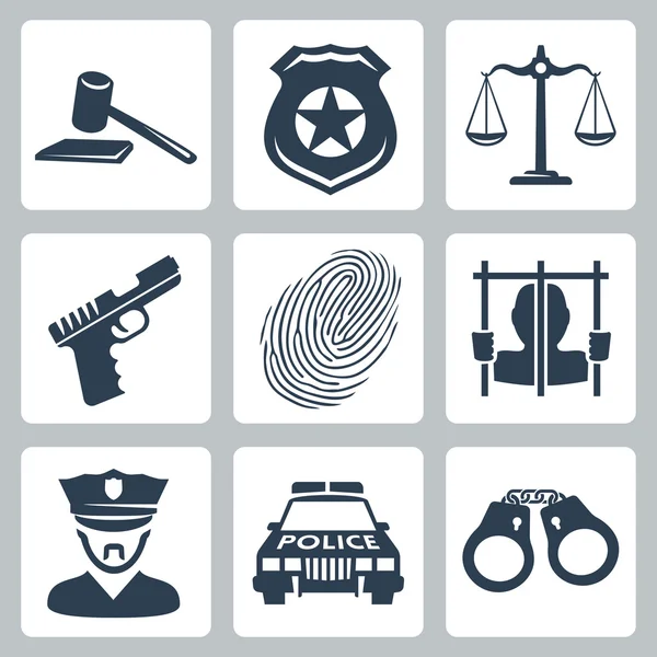 Vector isolated criminal and police icons set — Stock Vector