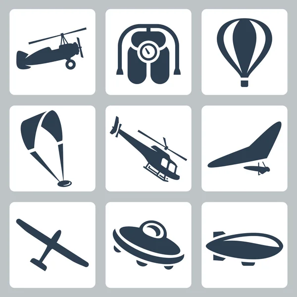 Conjunto de iconos de las aeronaves vectoriales: autogiro, jet pack, globo, parapente, helicóptero, ala delta, planeador, platillo volador, dirigible — Vector de stock