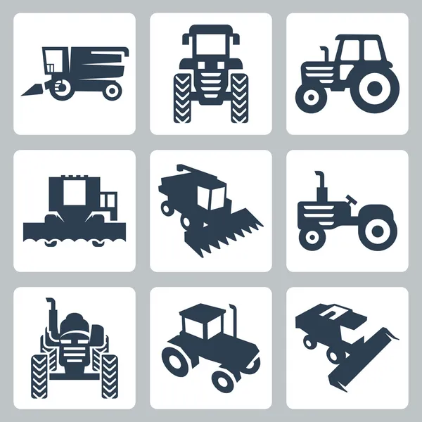 Vector tractor aislada y combinar los iconos de la cosechadora — Vector de stock