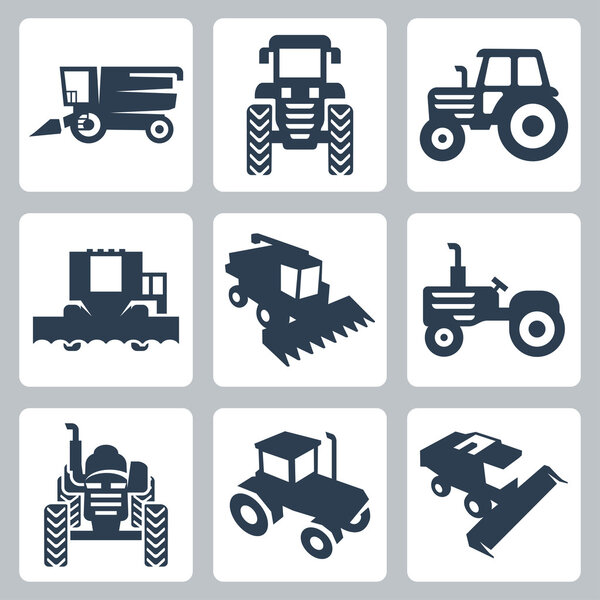 Vector isolated tractor and combine harvester icons