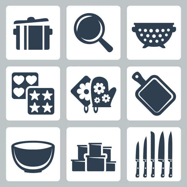 Vector isolated kitchenware icons set: pot, frying pan, colander, baking mould, potholder, cutting board, bowl, containers, knives — Stock Vector