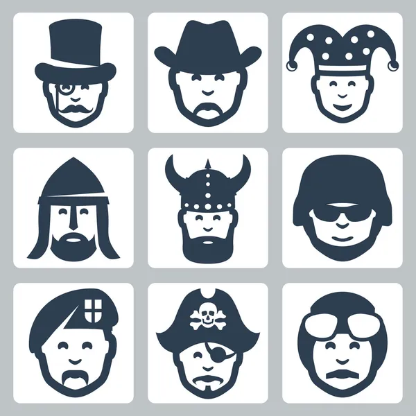 Conjunto de iconos de profesión vectorial: mago, vaquero, bufón, caballero, vikingo, soldado, paracaidista, pirata, piloto — Vector de stock