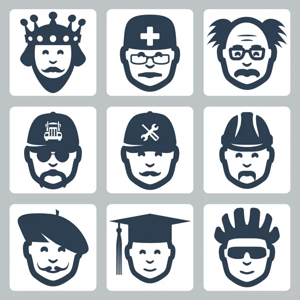 Vector profession icons set: king, doctor, scientist, trucker, repairman, builder, artist, graduating student, cyclist — Stock Vector