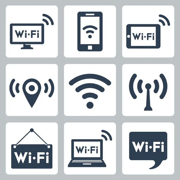 Conjunto de iconos wifi vectorial: PC, smartphone, tablet PC, puntero, punto de acceso, letrero, computadora portátil, burbuja del habla — Vector de stock