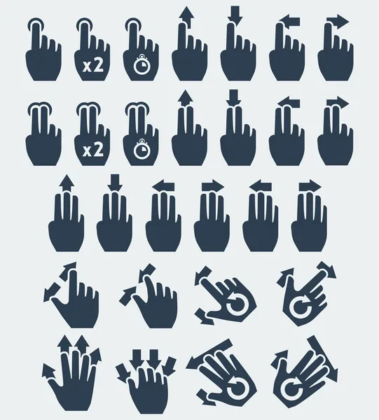 Écran tactile vectoriel gestes icônes : appuyez, appuyez et maintenez, glisser, propagation, pincer, faire pivoter — Image vectorielle