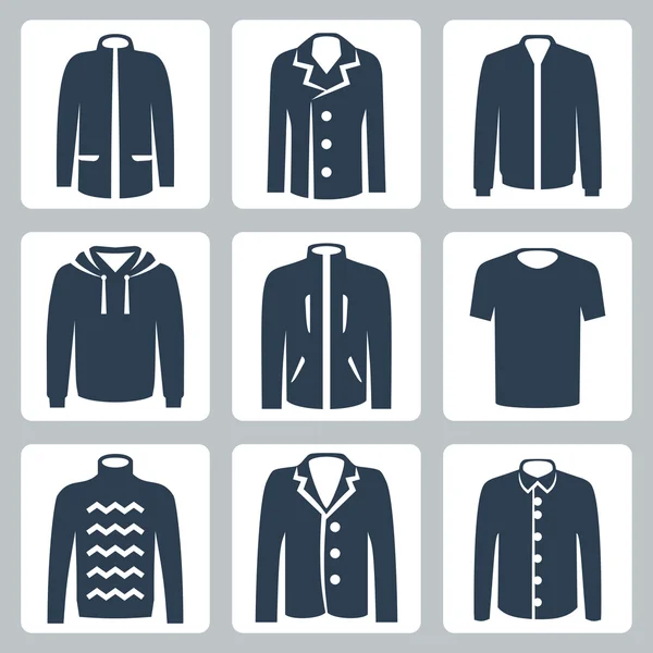 Sistema de iconos de ropa de los hombres del vector: globo chaqueta, abrigo, rompevientos, capucha, footing, chaqueta, camiseta, suéter, chaqueta, camisa — Vector de stock