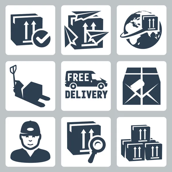 Conjunto de ícones de entrega vetorial: caixa, aviões de papel, globo, palete, van, pacote, correio, rastreamento, armazém —  Vetores de Stock