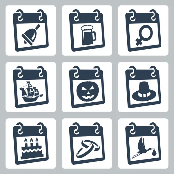 Vektorové ikony kalendáře představující svátky: den znalostí, oktoberfest, woman mezinárodní den, columbus den, halloween, den díkůvzdání, narozeniny, svatbu, baby Přeháňka — Stockový vektor