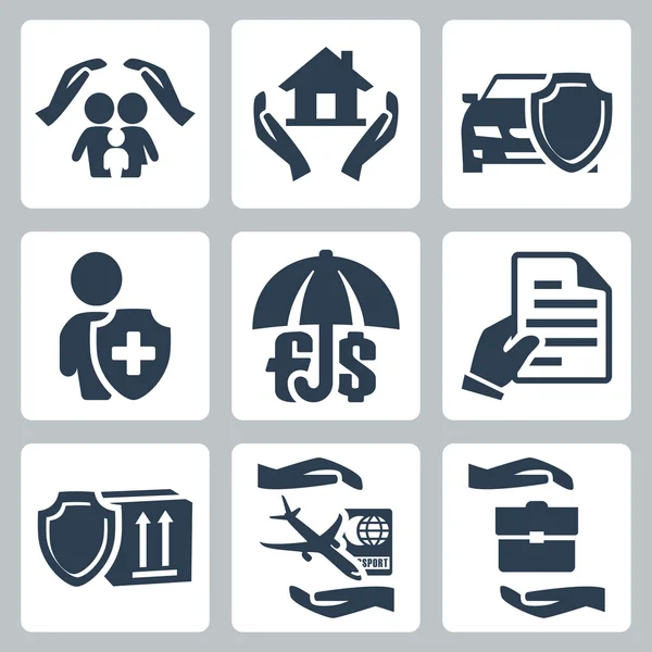 Vektor försäkring ikoner set: familjen försäkring, Hemförsäkringar, Bilförsäkringar, livförsäkring, insättningsgarantin, försäkring, försäkring av gods, travel insurance, business risk försäkring — Stock vektor