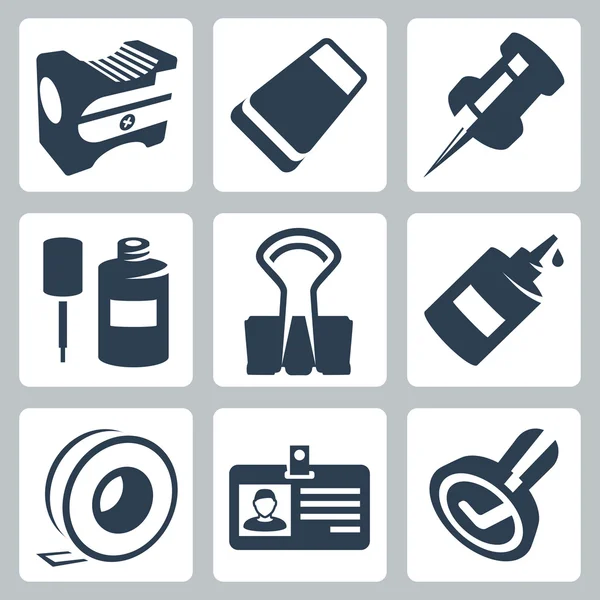Vektor Büropapiersymbole Set: Bleistiftspitzer, Radiergummi, Druckstift, Korrekturflüssigkeit, Clip, Klebstoff, Klebeband, Identitätskennzeichen, Stempel — Stockvektor