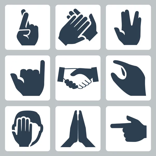 Vector händer ikoner set: korsa fingrar, applåder, vulcan salute, shaka, handslag, storlek, facepalm, namaste, pekare — Stock vektor