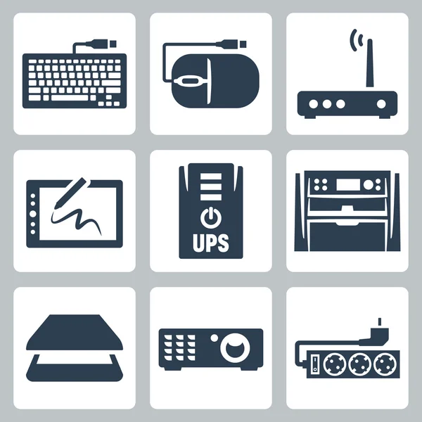 Vector hardware icons set: keyboard, computer mouse, modem, graphics tablet, UPS, multifunction device, scanner, projector, surge filter — Stock Vector