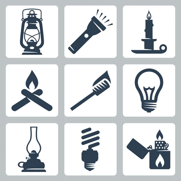 ışık ve Aydınlatma gereçleri Icons set vektör: fener, fener, mum, şenlik, meşale, ampul, kasırga lamba, enerji tasarruflu ampul, hafif