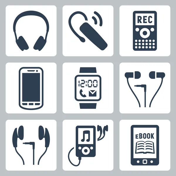 Conjunto de iconos de gadgets vectoriales: auriculares, auriculares inalámbricos, dictaphone, smartphone, reloj inteligente, reproductor de MP3, lector de libros electrónicos — Vector de stock