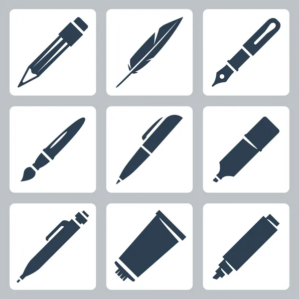 Vector writing and painting tools icons set: pencil, feather, fountain pen, brush, pen, marker, mechanical pencil, tube of paint — Stock Vector