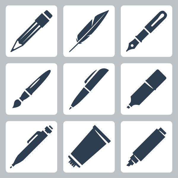 Vector writing and painting tools icons set: pencil, feather, fountain pen, brush, pen, marker, mechanical pencil, tube of paint