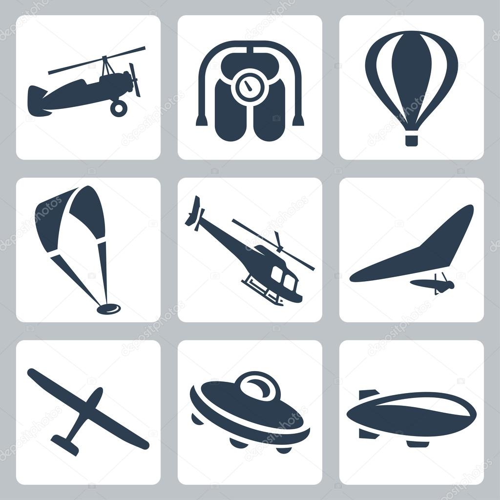 Vector aircrafts icons set: autogyro, jet pack, air baloon, paraglider, helicopter, hang-glider, glider, flying saucer, airship