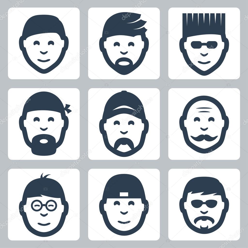 Vector isolated male faces icons set