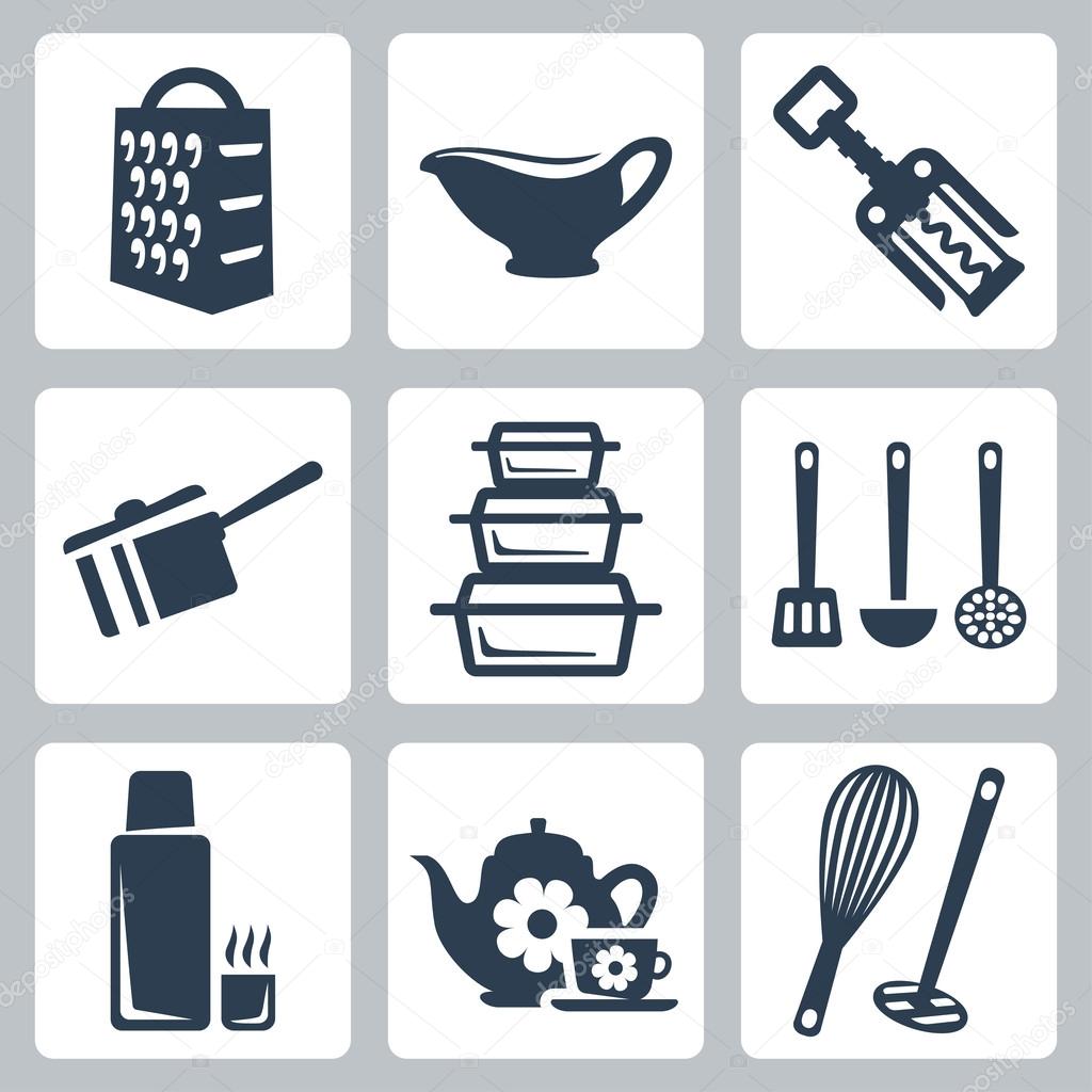 Vector isolated kitchenware icons set: grater, sauceboat, corkscrew, scoop, bakeware, spatula, ladle, skimmer, thermos, tea set, whisk, masher