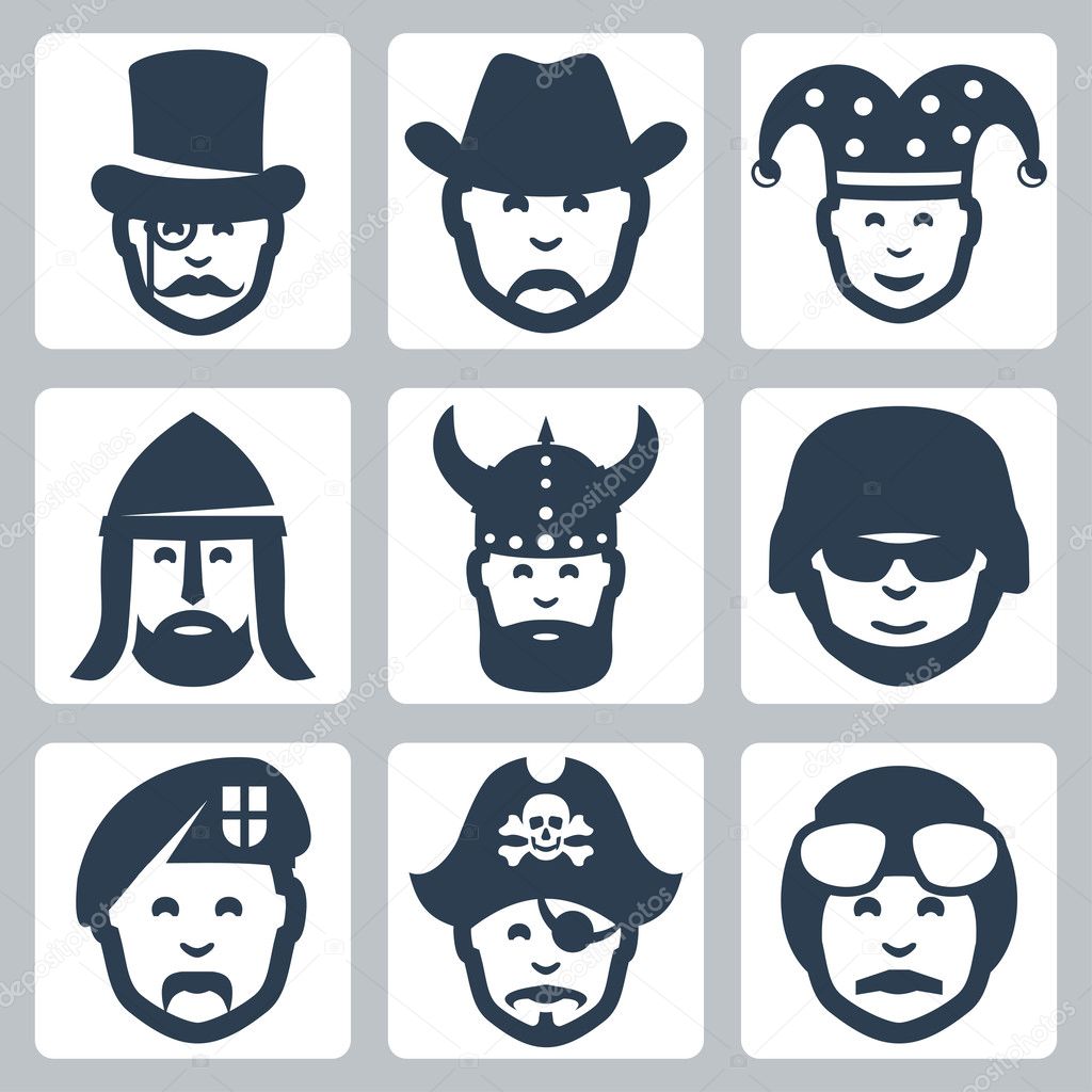 Vector profession icons set: magician, cowboy, jester, knight, viking, soldier, paratrooper, pirate, pilot