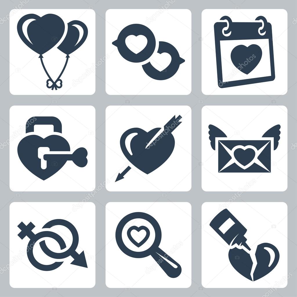 Vector isolated love icons set: baloons, speech bubbles, Valentine's Day, lock, heart and arrow, love letter, gender symbol, search, broken heart