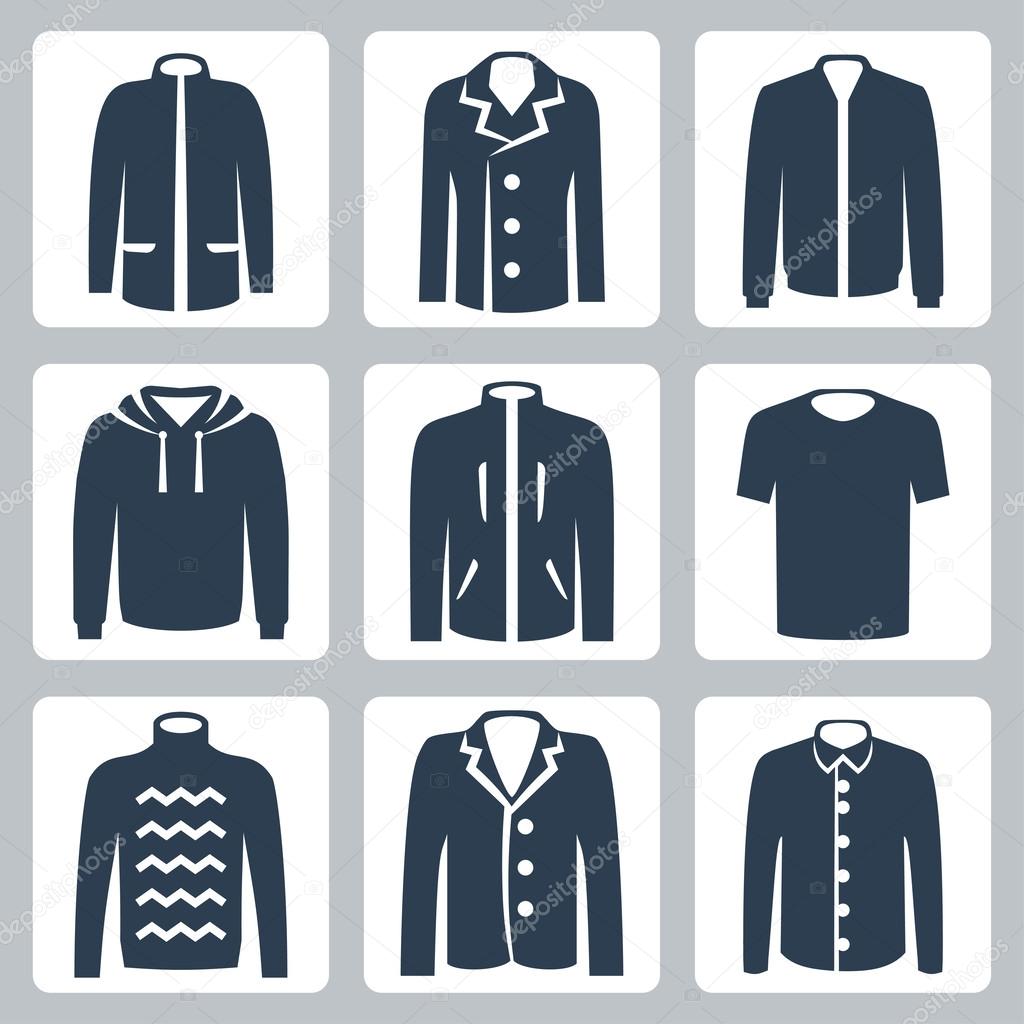 Vector men's clothes icons set: puffer jacket, coat, windbreaker, hoodie, jogging jacket, T-shirt, sweater, suit jacket, shirt