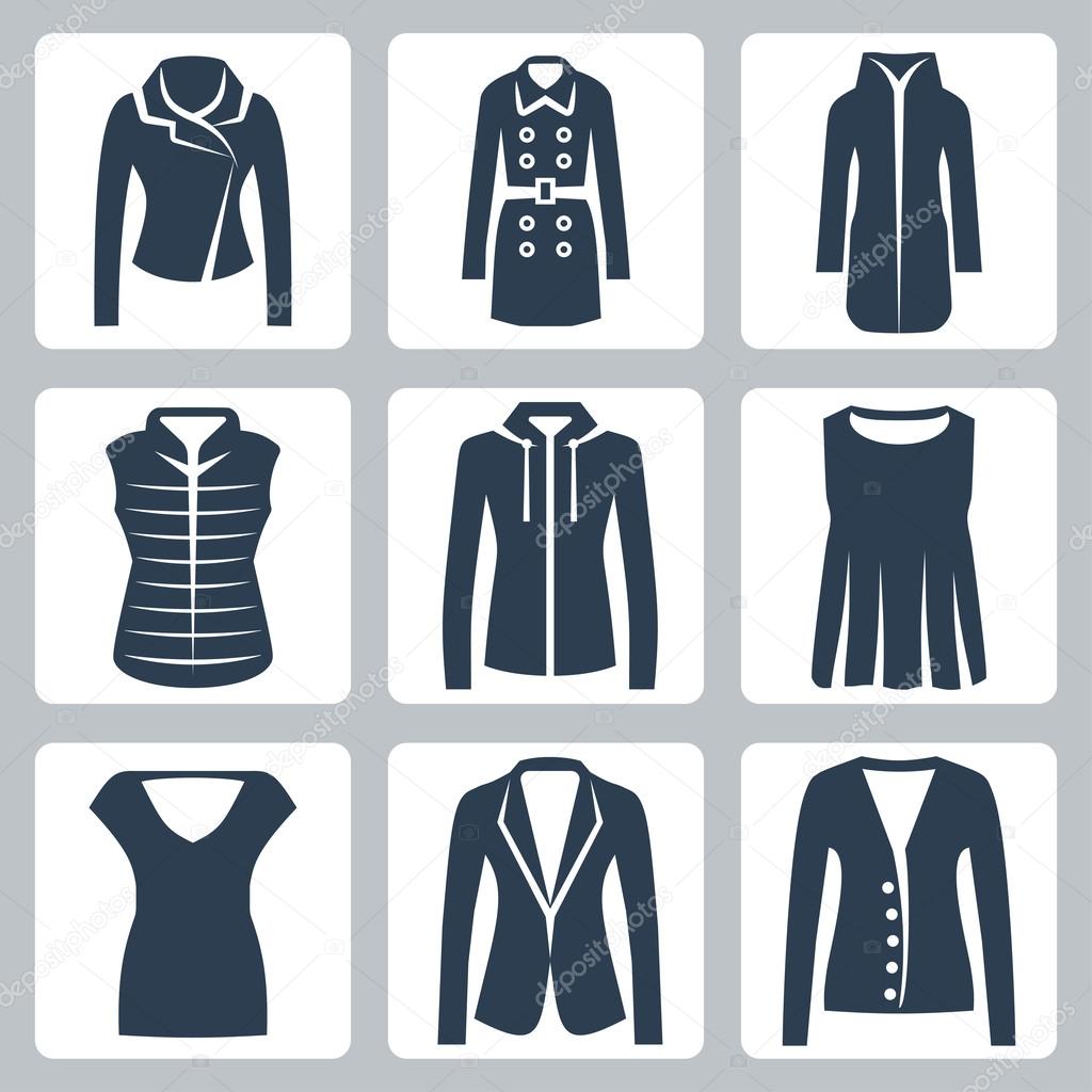 Vector women's clothes icons set: jacket, overcoat, down-padded coat, vest, sweatshirt, blouse, top, suit jacket, jumper