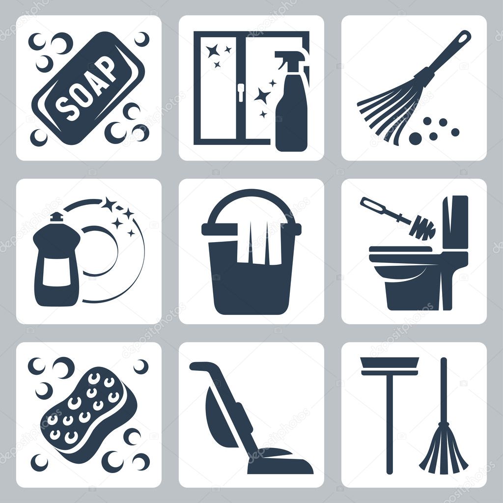 Vector cleaning icons set: soap, window cleaner, duster, dishwashing liquid, bucket and cloth, toilet brush and flush toilet, sponge, vacuum cleaner, mop
