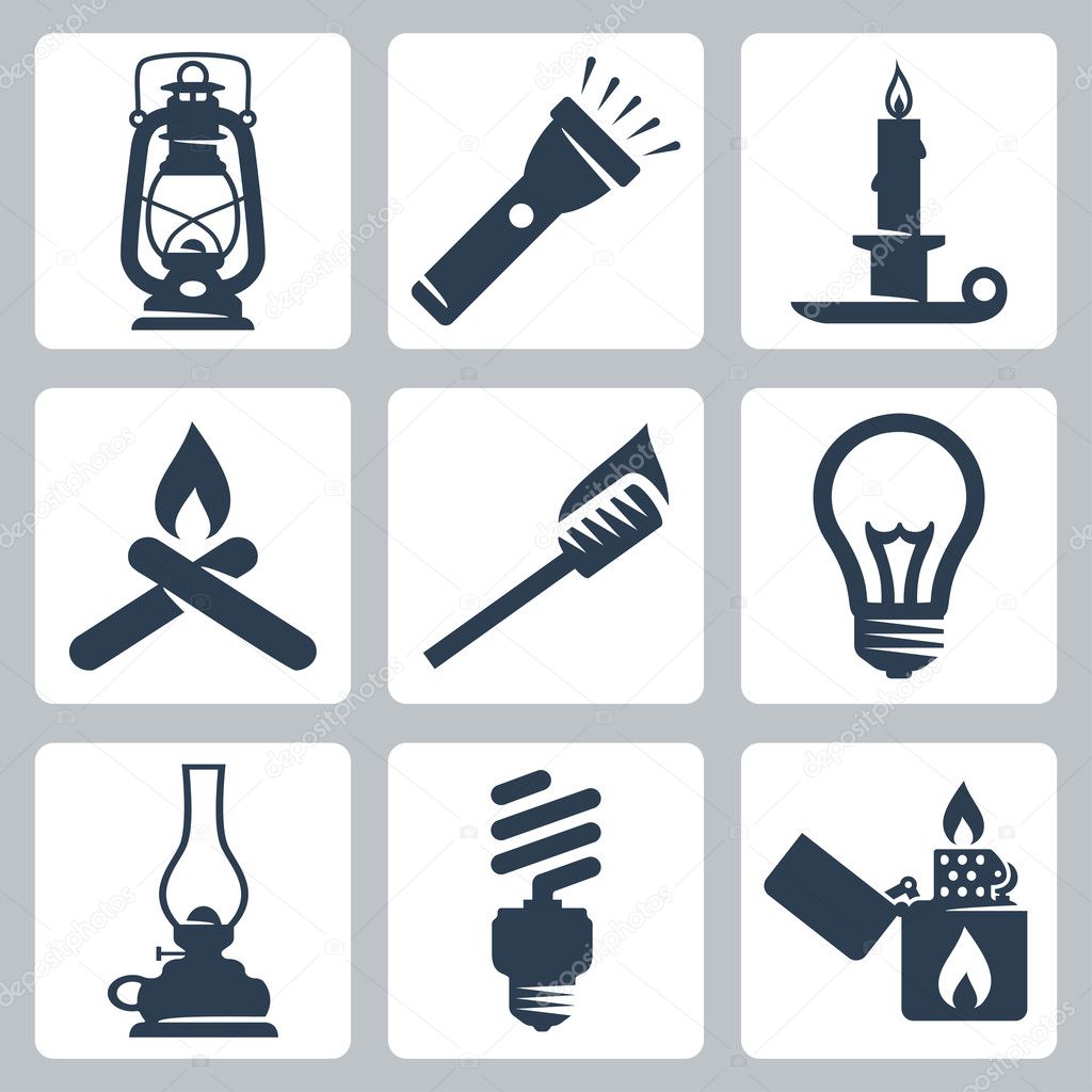 Vector light and lighting appliances icons set: lantern, flashlight, candle, bonfire, torch, bulb, hurricane lamp, energy saving bulb, lighter