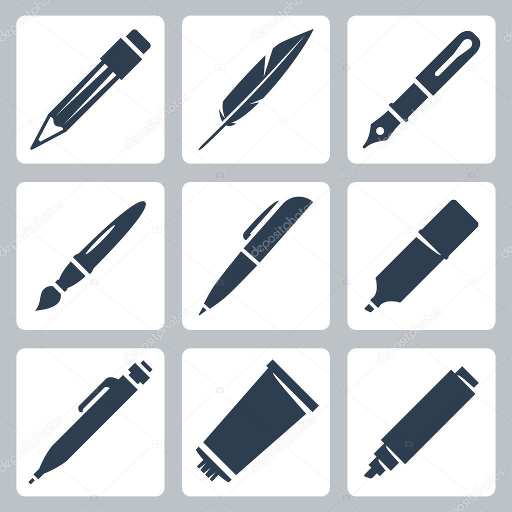 Vector writing and painting tools icons set: pencil, feather, fountain pen, brush, pen, marker, mechanical pencil, tube of paint