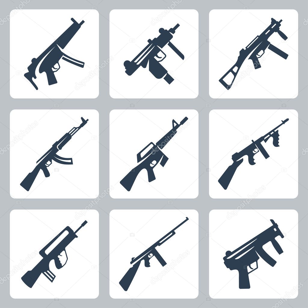 Vector machine guns and assault rifles icons set