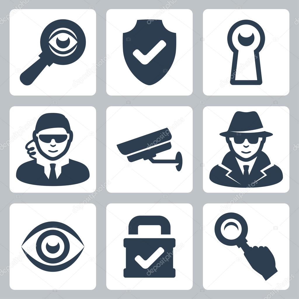 Vector spy and security icons set: magnifying glass, shield, heyhole, security man, surveillance camera, spy, eye, lock