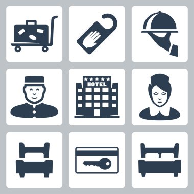 Vector hotel icons set: luggage cart, 'do not disturb' sign, dish, receptionist, five-star hotel, chambermaid, single bed, key card, double bed clipart
