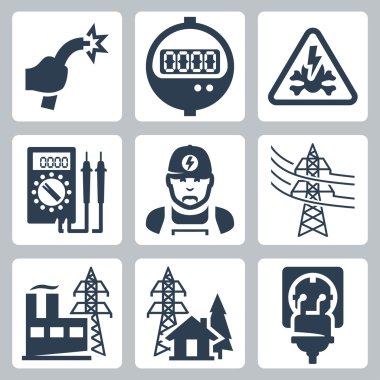 Vector power industry icons set: bared wire, supply meter, danger sign, multimeter, electrician, power line, power plant, power supply, plug and receptacle clipart