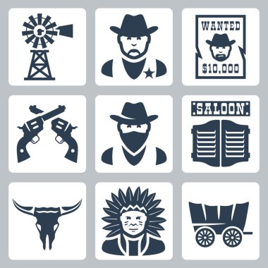 Vector isolated western icons set: windmill, sheriff, wanted poster, revolvers, bandit, saloon, longhorn skull, indian chief, prairie schooner clipart