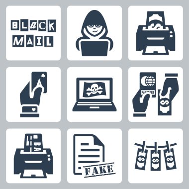 Vektör suç faaliyeti Icons set: şantaj, kesmek, sahtecilik, cardsharping, korsan, pasaport sahte, gözden geçirme, sahte belgeler, kara para aklama